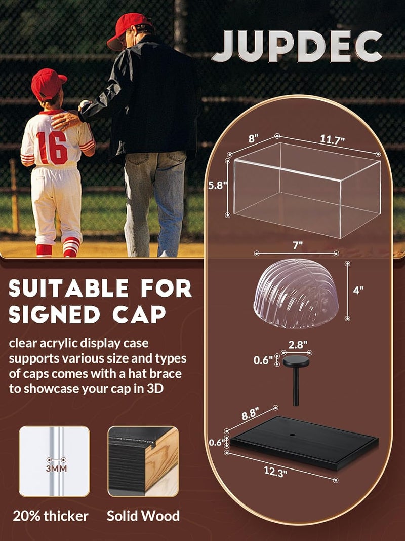 JupDec Hat Display Case, Clear Acrylic Baseball Cap Display Box Stand, UV Protection Signed Hat Transparent Showcase with Solid Wood Base Risers & Hat Shaper, Ideal Gift for Caps Collector, Black - Image 5
